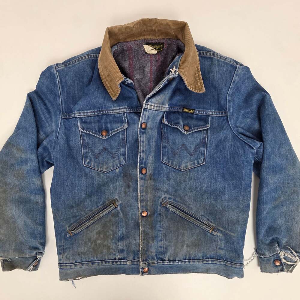 Vtg 70s Wrangler No-Fault Denim Blanket Lined Trucker Jacket Corduroy Collar 46L